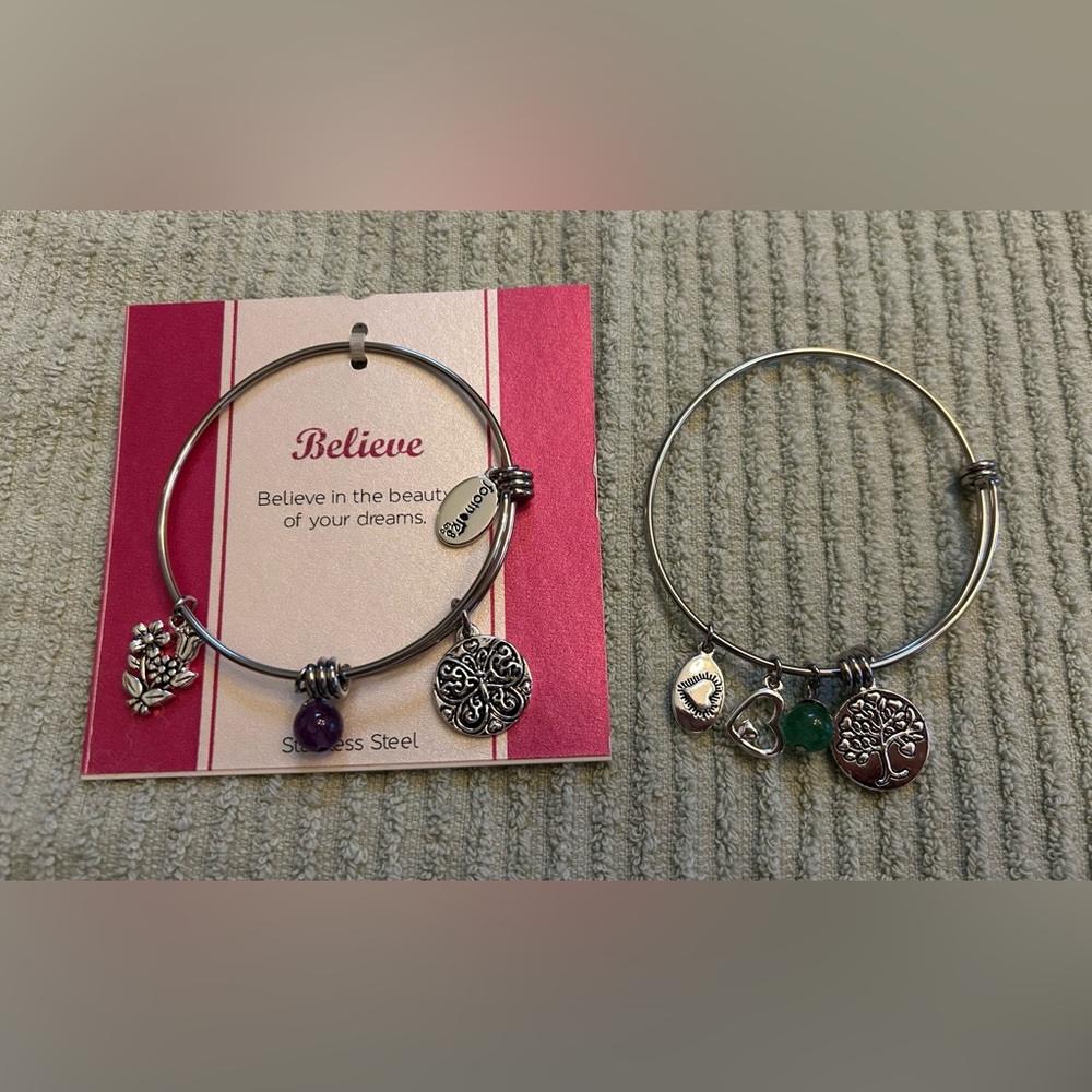 Set of Two Silver Charm Bracelets Believe & Family Tree With Heart